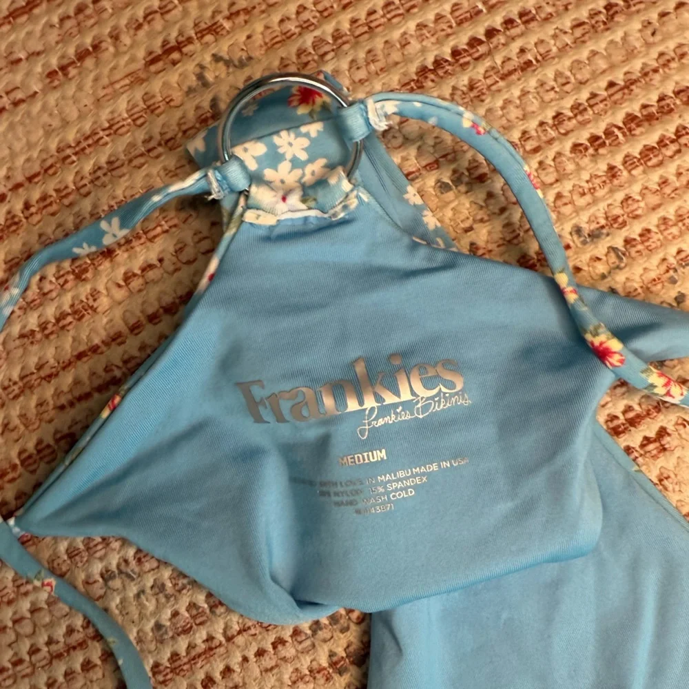 Frankie's Bikinis Blue Floral Ring-Detail Bikini Bottom